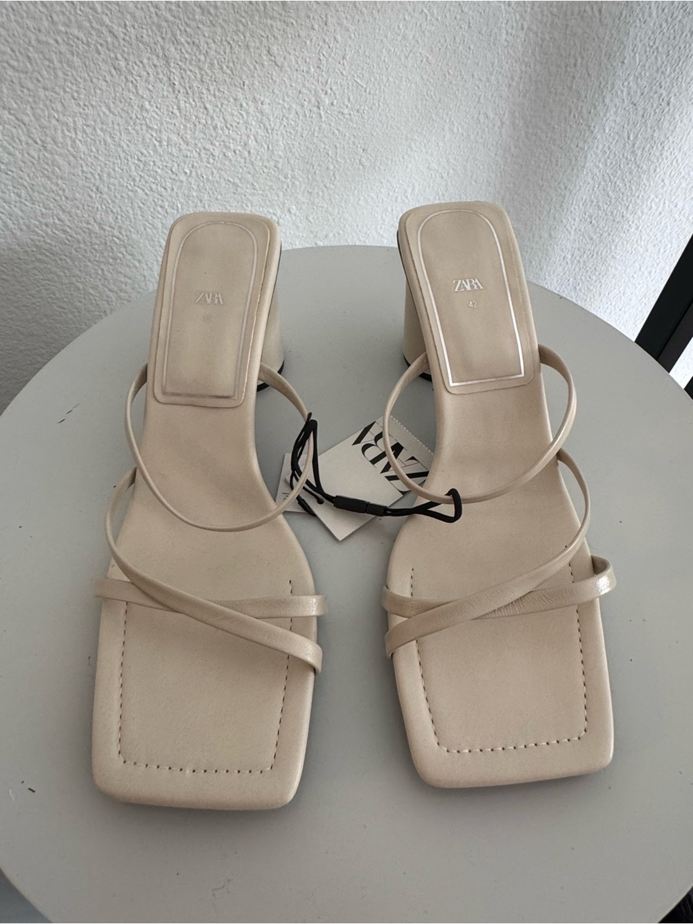 ZARA Neutral Cream Square-Toe Strappy Mid-Heels